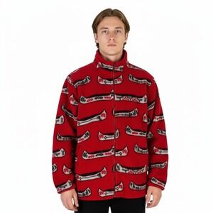 VTG Country Woods Fleece Jacket Red Canoe Print Zip Up Outdoor Cabincore Size S